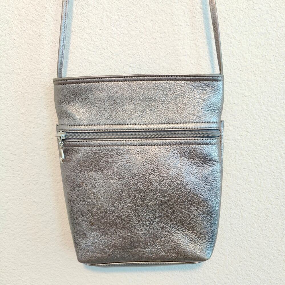 SAS Silver Pewter Metallic Leather Crossbody Purse Bag Travel Compact